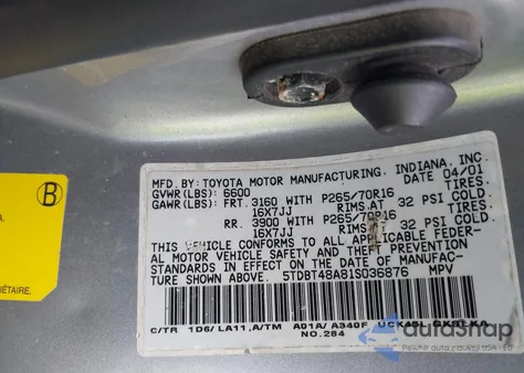 2001 Toyota Sequoia Limited V8 from USA, damaged, VIN 5TDBT48A81S036876